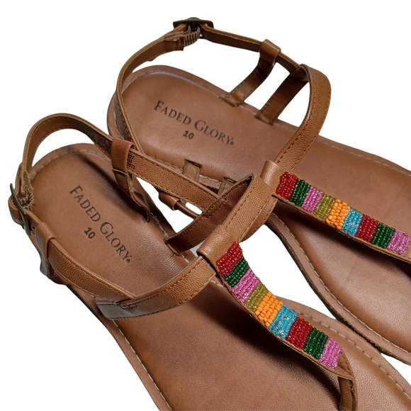 FADED GLORY Colorful Beaded Stripe Print Thong Brown Flat Sandals 10 - Picture 2 of 6
